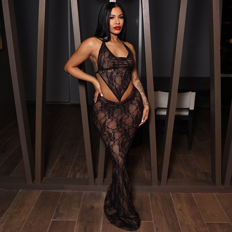 New Design Sexy Summer Lace Up Sleeveless Crop Top And Skirt 2 Piece Set Solid Bodycon See Through Sexy Women's Set