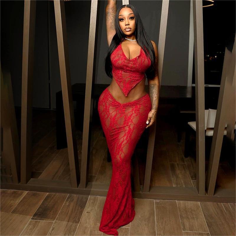 New Design Sexy Summer Lace Up Sleeveless Crop Top And Skirt 2 Piece Set Solid Bodycon See Through Sexy Women's Set