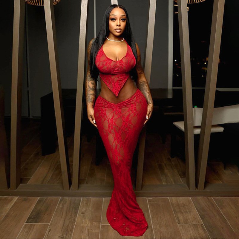 New Design Sexy Summer Lace Up Sleeveless Crop Top And Skirt 2 Piece Set Solid Bodycon See Through Sexy Women's Set