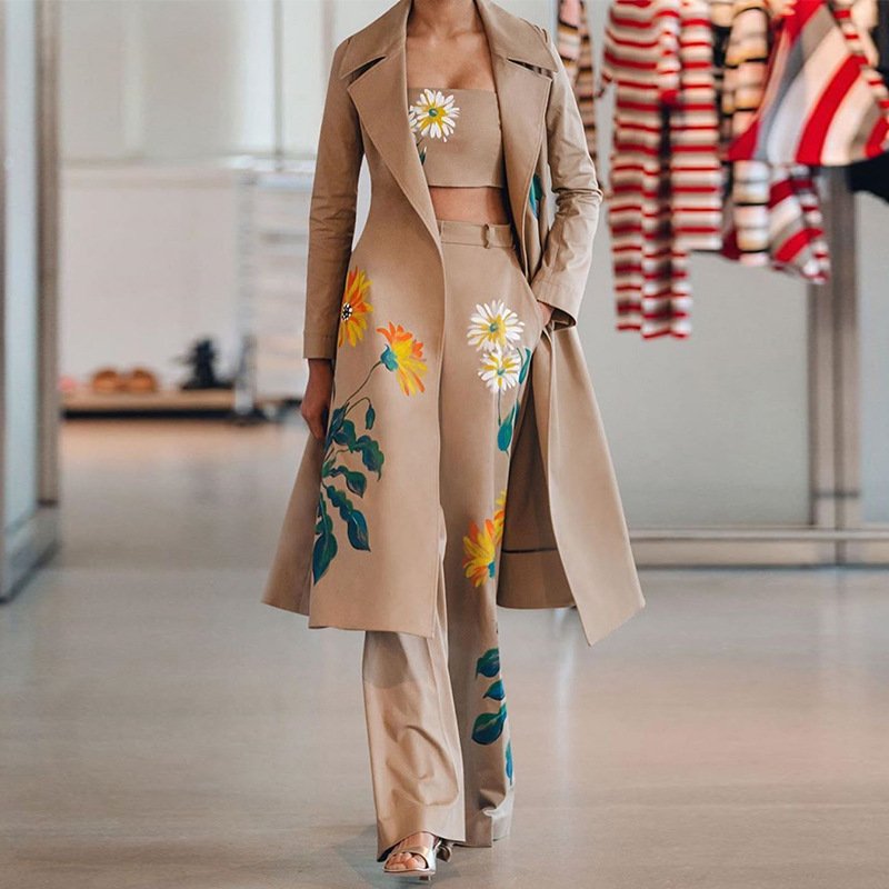 B402041 Women Autumn Office Lapel Suits Trench Coat Elegant Blazers Three Piece Set for Office Ladies
