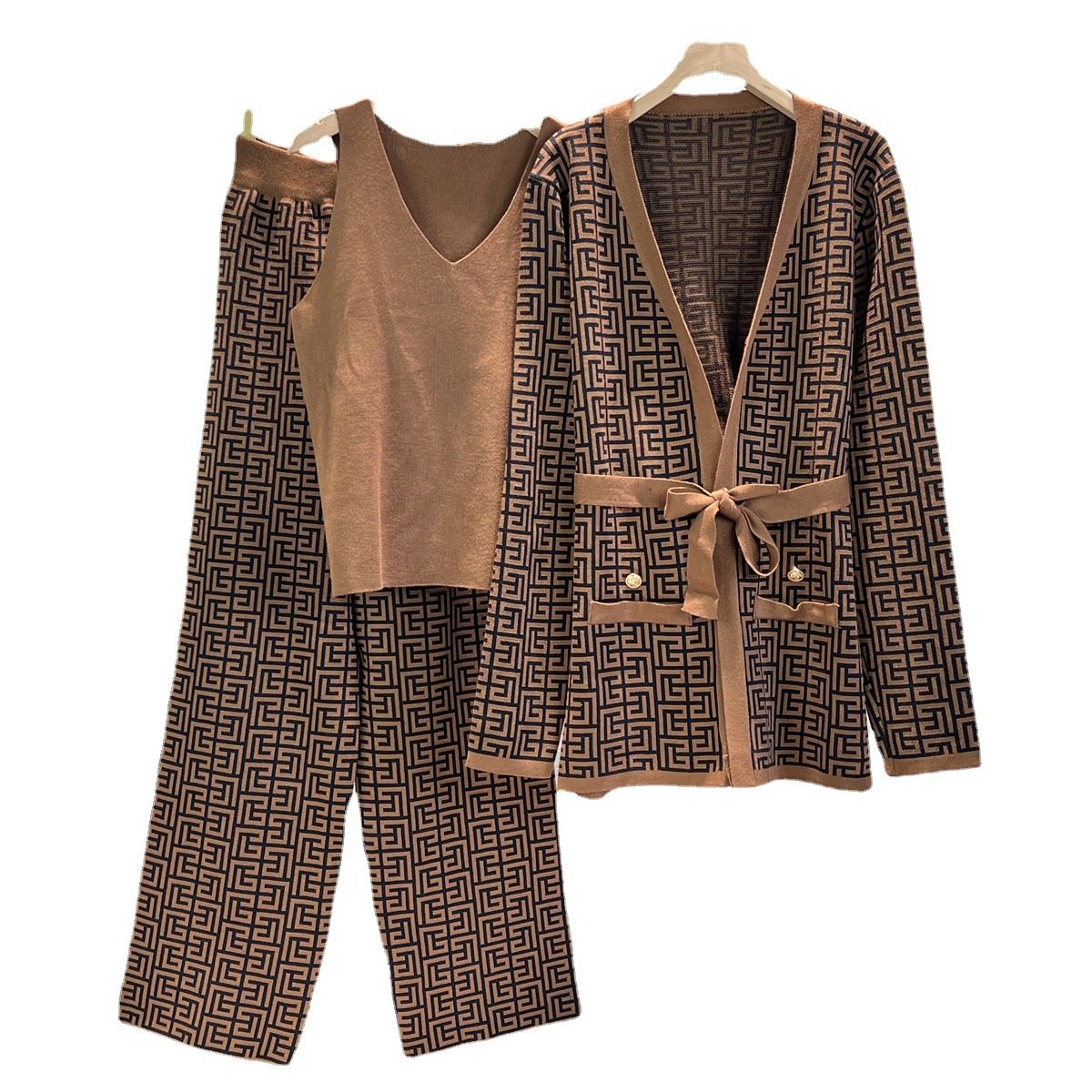 Islamic Women's Elegant Clothing Knitted Sweater Muslim Multicolor Lettered Top Pants Plus Jacket Three Piece Suit Set