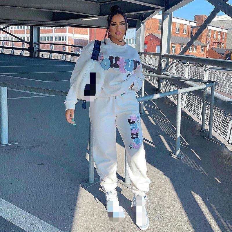 Women's Autumn Fashion Letter Printing Long Sleeve Top High Waist Casual Pants Suit Women's Sets