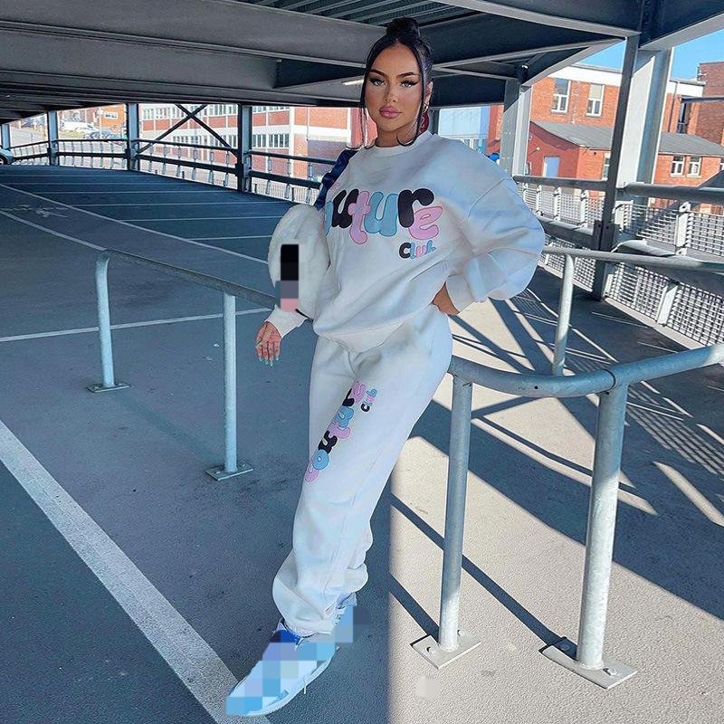 Women's Autumn Fashion Letter Printing Long Sleeve Top High Waist Casual Pants Suit Women's Sets