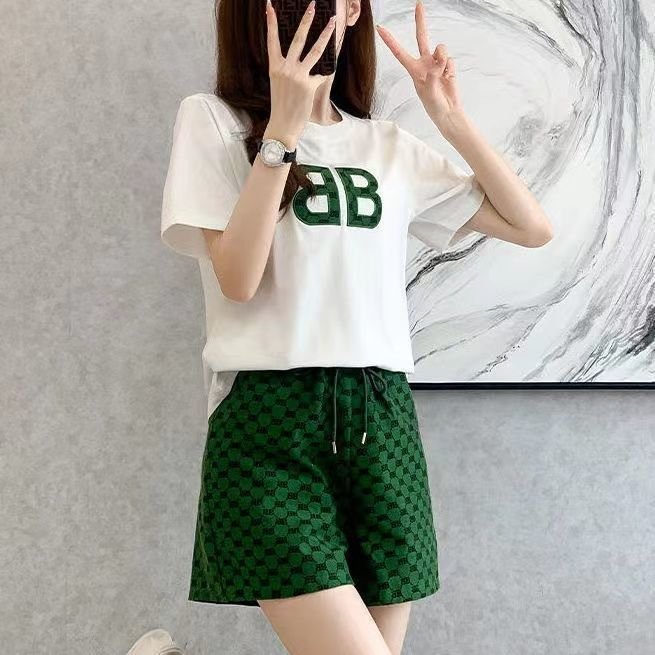 New arrival summer adults ladies knitting pullover letter luxury T-shirt +shorts women's casual clothing set