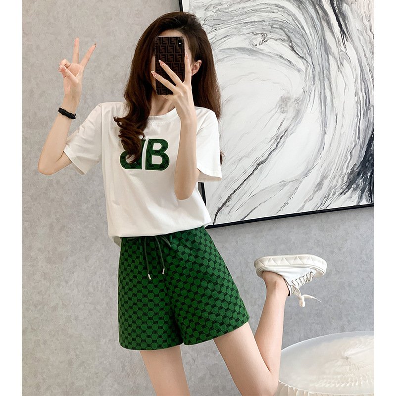 New arrival summer adults ladies knitting pullover letter luxury T-shirt +shorts women's casual clothing set