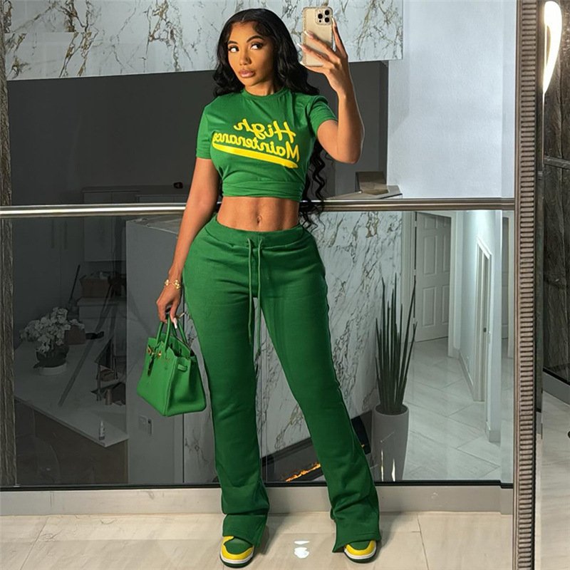 Peeqi K24S47020 summer new letter print short sleeve crew neck crop top and pants 2 piece set bodycon casual fashion women's set