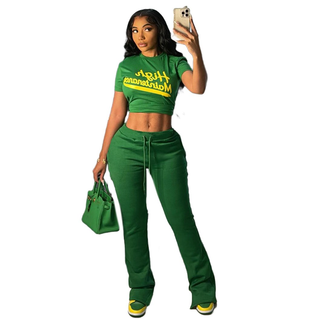 Peeqi K24S47020 summer new letter print short sleeve crew neck crop top and pants 2 piece set bodycon casual fashion women's set