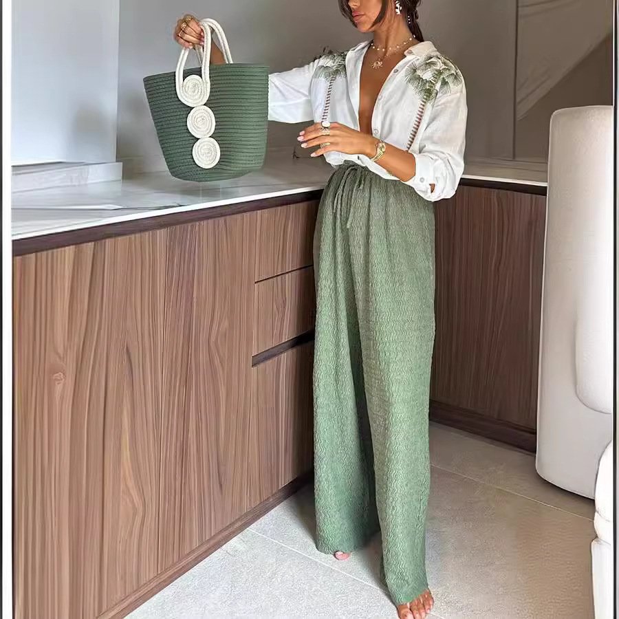 Boutique Wholesale 2024 Autumn New Printed Long Sleeved Single Breasted Shirt Casual Loose Pants Women's Set