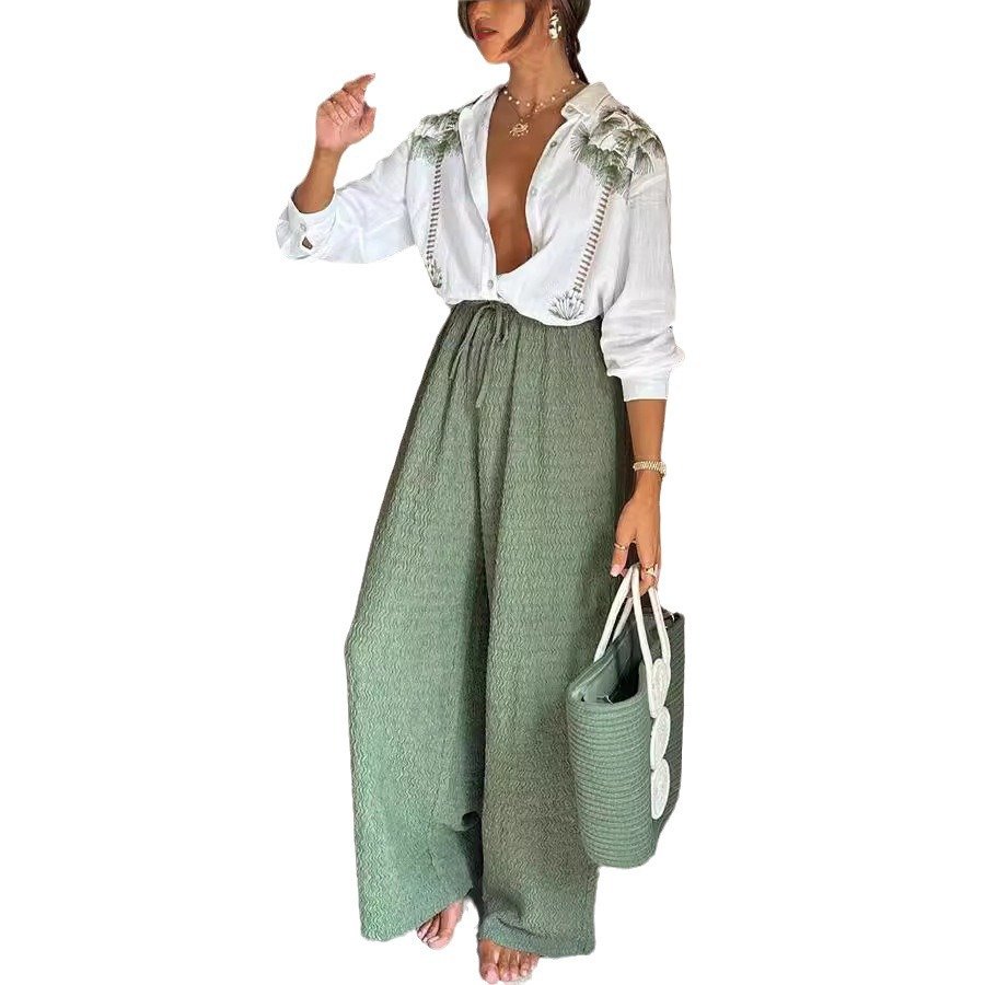 Boutique Wholesale 2024 Autumn New Printed Long Sleeved Single Breasted Shirt Casual Loose Pants Women's Set
