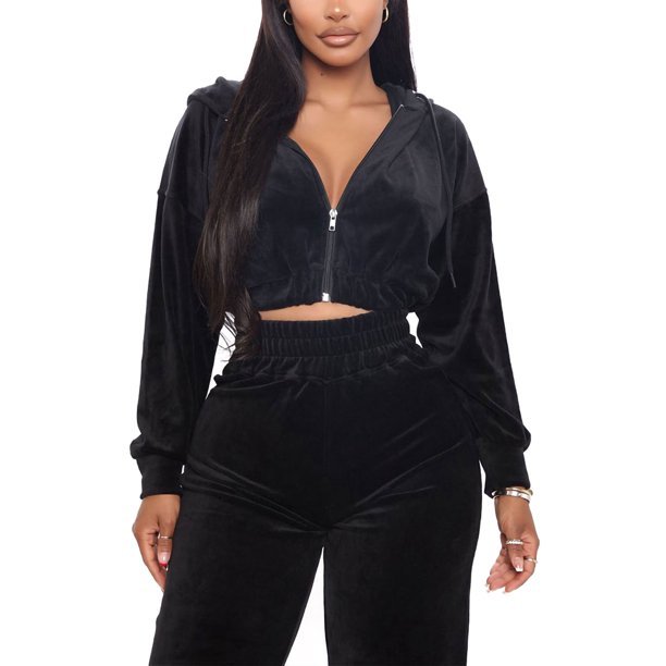 Women's 2 Piece Outfits Velvet Tracksuit Zip Up Croptop style Hoodie Velour Sweatpants Workout Sweatsuit