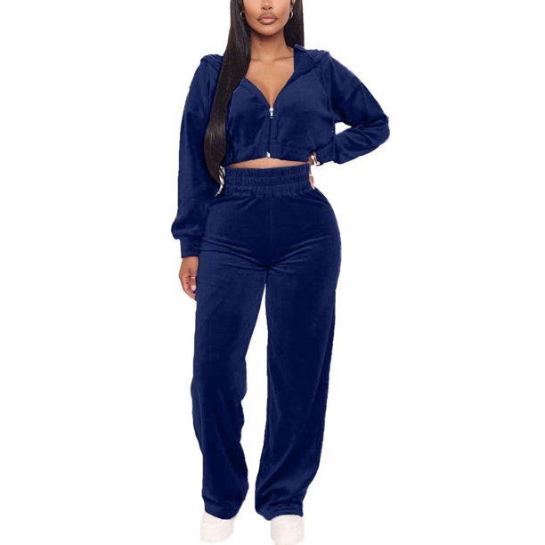 Women's 2 Piece Outfits Velvet Tracksuit Zip Up Croptop style Hoodie Velour Sweatpants Workout Sweatsuit