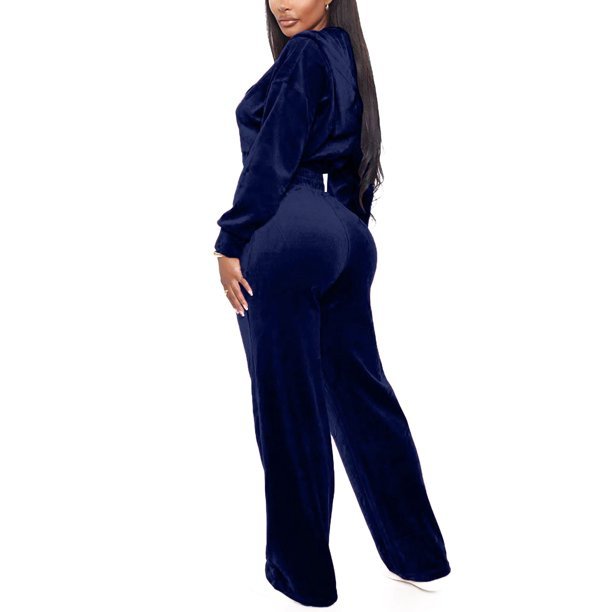 Women's 2 Piece Outfits Velvet Tracksuit Zip Up Croptop style Hoodie Velour Sweatpants Workout Sweatsuit