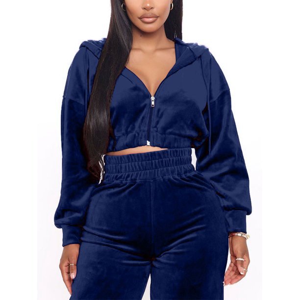 Women's 2 Piece Outfits Velvet Tracksuit Zip Up Croptop style Hoodie Velour Sweatpants Workout Sweatsuit