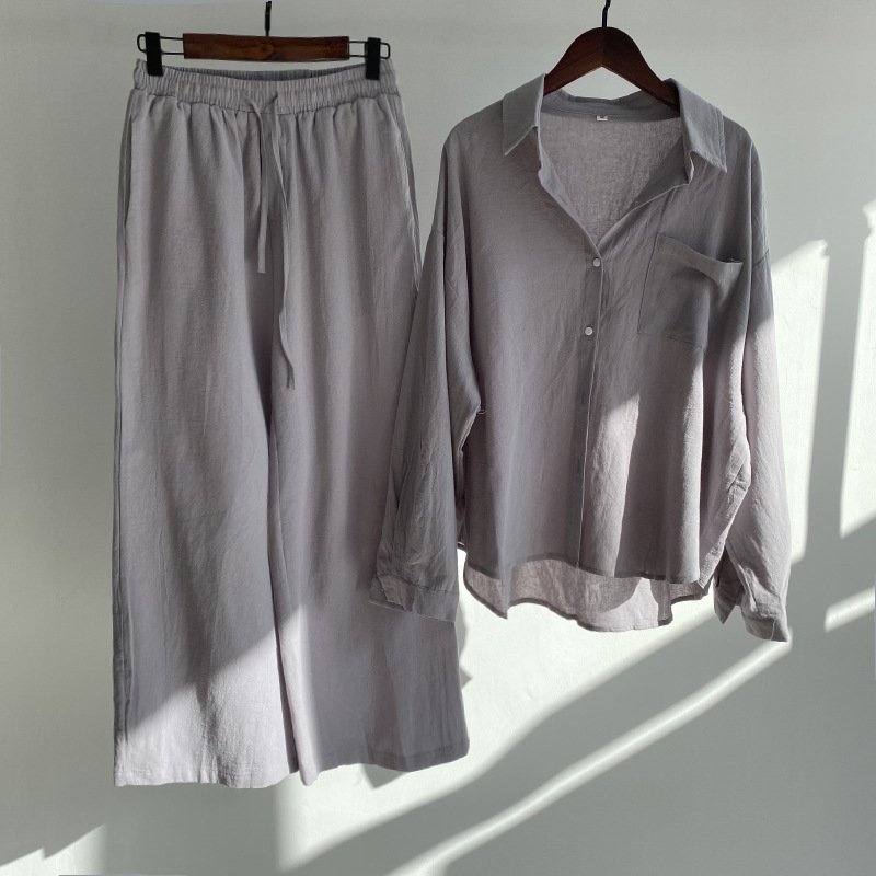 Spring fall ladies pants two piece retro plus size women clothing high waist loose trousers cotton linen shirt women's sets