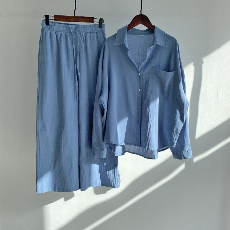 Spring fall ladies pants two piece retro plus size women clothing high waist loose trousers cotton linen shirt women's sets