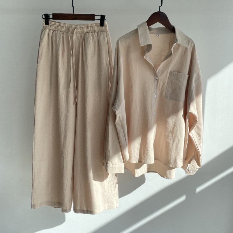 Spring fall ladies pants two piece retro plus size women clothing high waist loose trousers cotton linen shirt women's sets