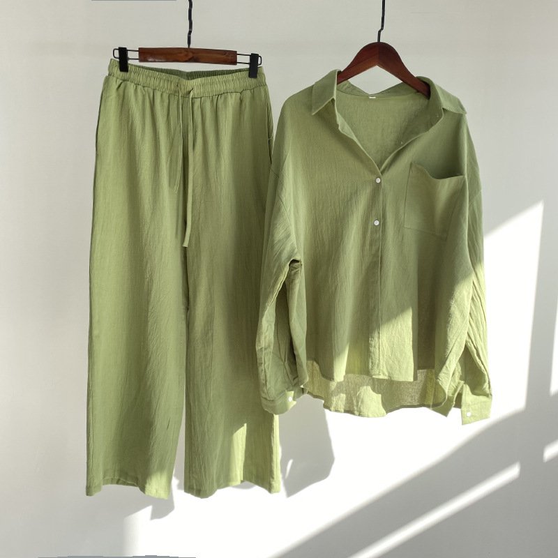 Spring fall ladies pants two piece retro plus size women clothing high waist loose trousers cotton linen shirt women's sets