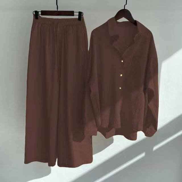 Spring fall ladies pants two piece retro plus size women clothing high waist loose trousers cotton linen shirt women's sets
