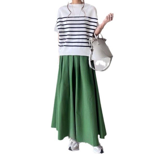 Boutique Wholesale 2024 Summer New Fashion Striped Thin Ice Silk Knitted Sweater Linen Half Skirt Women's Set