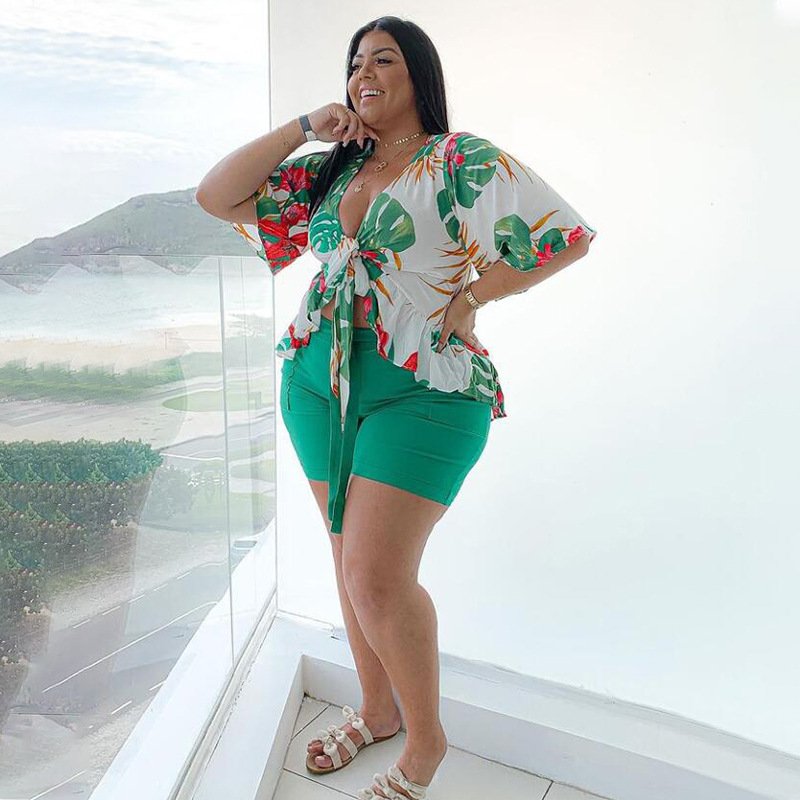 Spring Popular New Arrivals Loose Elegant Printed Casual T-shirt and Shorts Two Piece Plus Size Women's Set 2024