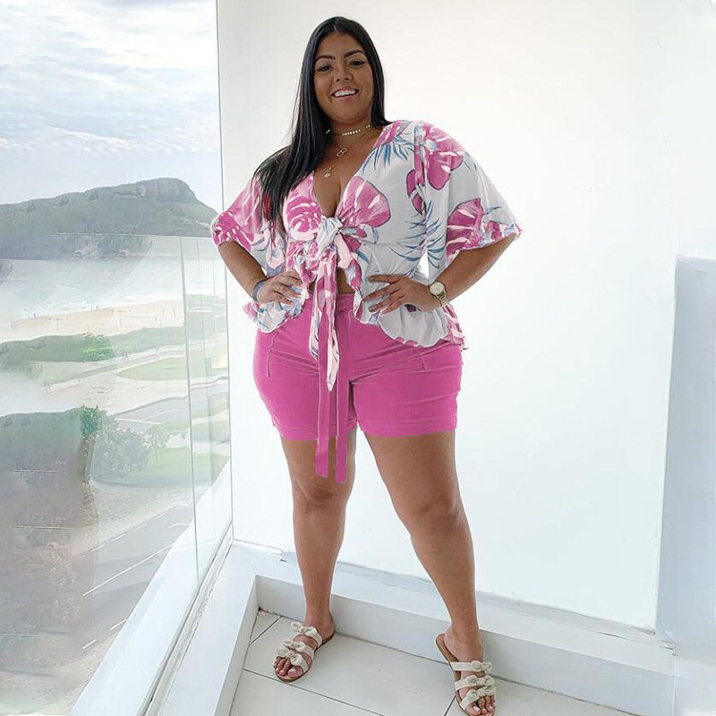 Spring Popular New Arrivals Loose Elegant Printed Casual T-shirt and Shorts Two Piece Plus Size Women's Set 2024
