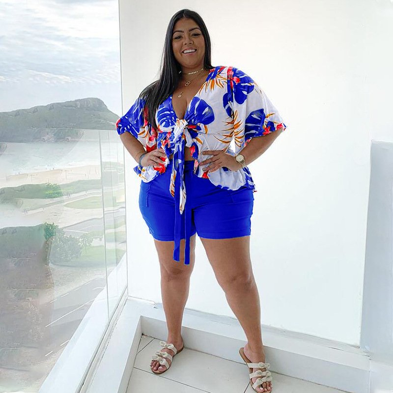 Spring Popular New Arrivals Loose Elegant Printed Casual T-shirt and Shorts Two Piece Plus Size Women's Set 2024