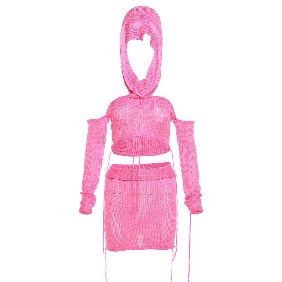 Kliou W23S33181 New Arrivals Baby Pink 2 Piece Set Women Sexy Two Pieces Skirts Sets Knitted Long Sleeve Women's Sets
