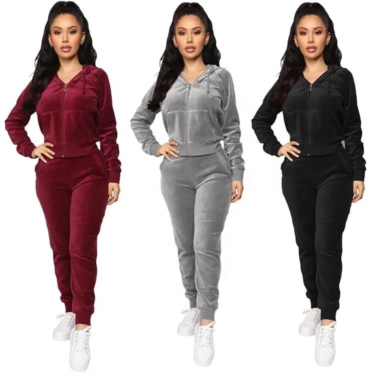Women's 2 Piece Outfits Velvet Zip Hoodie Sweatshirt & Sweatpants Sweatsuits and Velour Tracksuit Sets Jogging suit