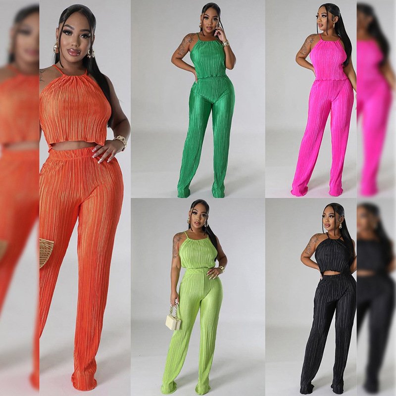K23st269 New Graceful Trendy Women's Two Piece Pants Set Pleated Solid Color Halter Top Loose Pants Casual Suit For Women