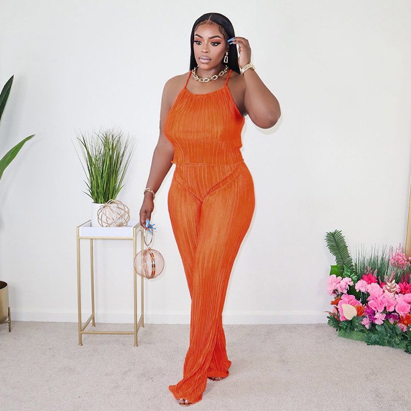 K23st269 New Graceful Trendy Women's Two Piece Pants Set Pleated Solid Color Halter Top Loose Pants Casual Suit For Women
