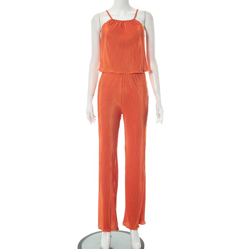 K23st269 New Graceful Trendy Women's Two Piece Pants Set Pleated Solid Color Halter Top Loose Pants Casual Suit For Women