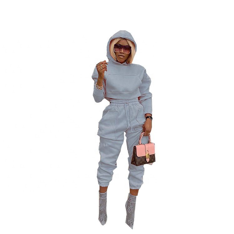 Custom Embroidery Printing Women Solid Sweatshirt Outfit 2pcs Set Jogger Sweatsuit Women Cropped Hoodie Sweatpants Cotton Set