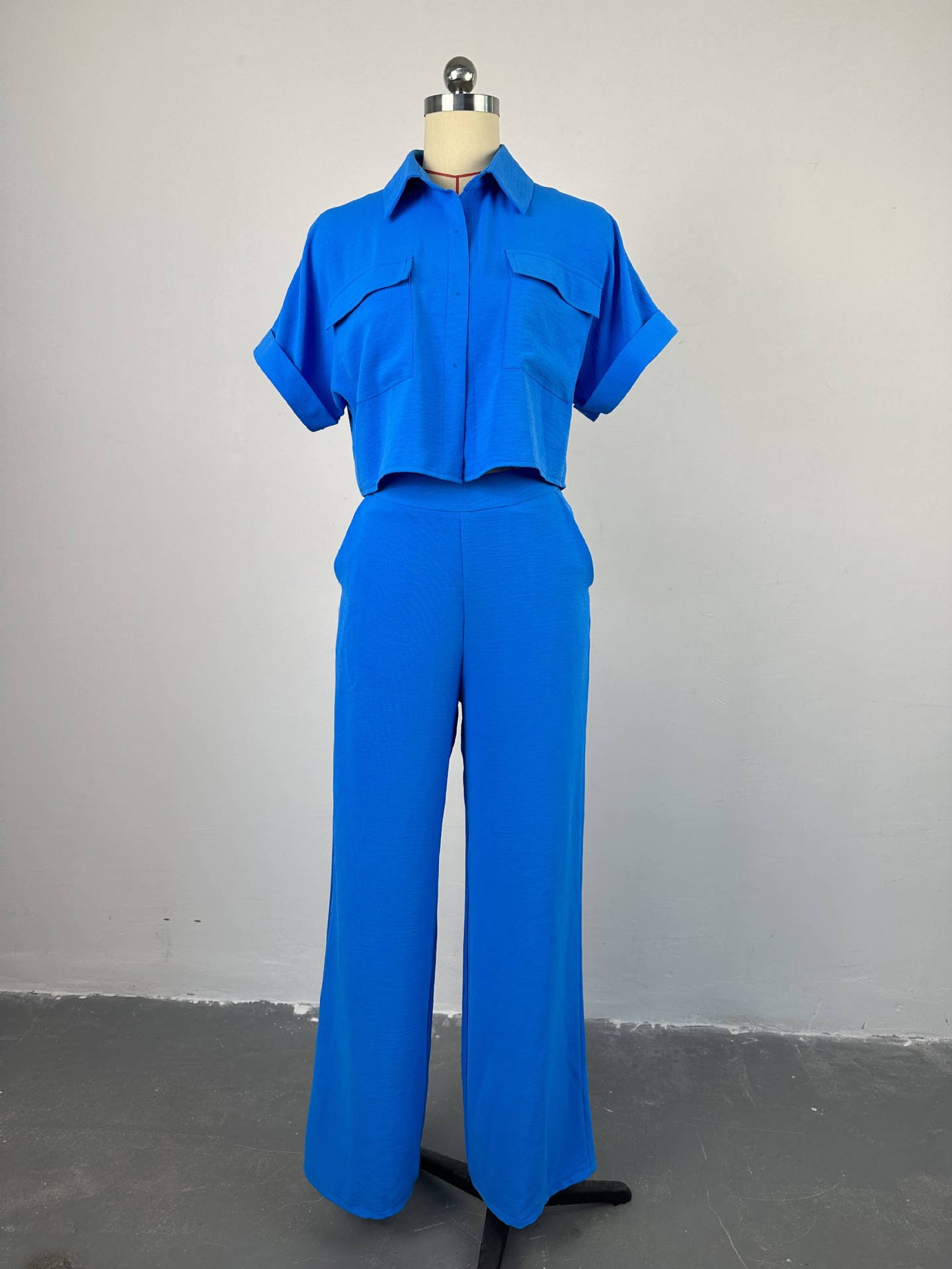 Women Clothes Ladies Casual Solid Color Lapel Short Sleeve Shirt Crop Top Wide Leg Trousers Pants Fashion Two Piece Women's Sets