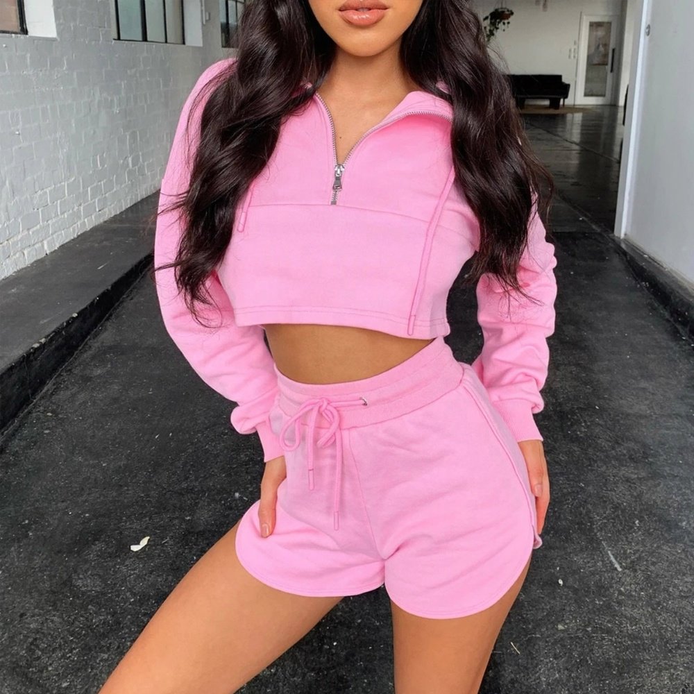 Women Set Crop Custom Women Clothing 2 Piece Short Set Crop Sweatshirt And Sweat Shorts Set