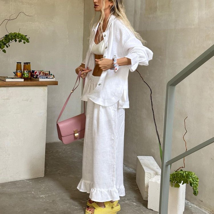 Boutique Wholesale 2024 Autumn New French Flare Sleeve Shirt Long Pants All Cotton Casual Women's Set