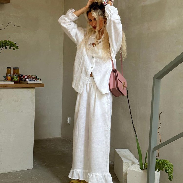 Boutique Wholesale 2024 Autumn New French Flare Sleeve Shirt Long Pants All Cotton Casual Women's Set