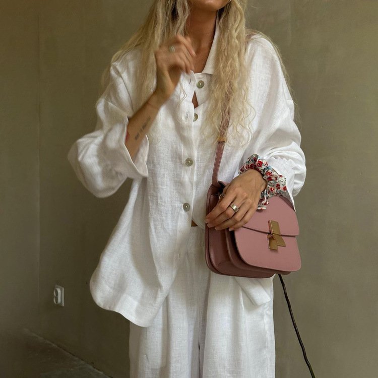 Boutique Wholesale 2024 Autumn New French Flare Sleeve Shirt Long Pants All Cotton Casual Women's Set