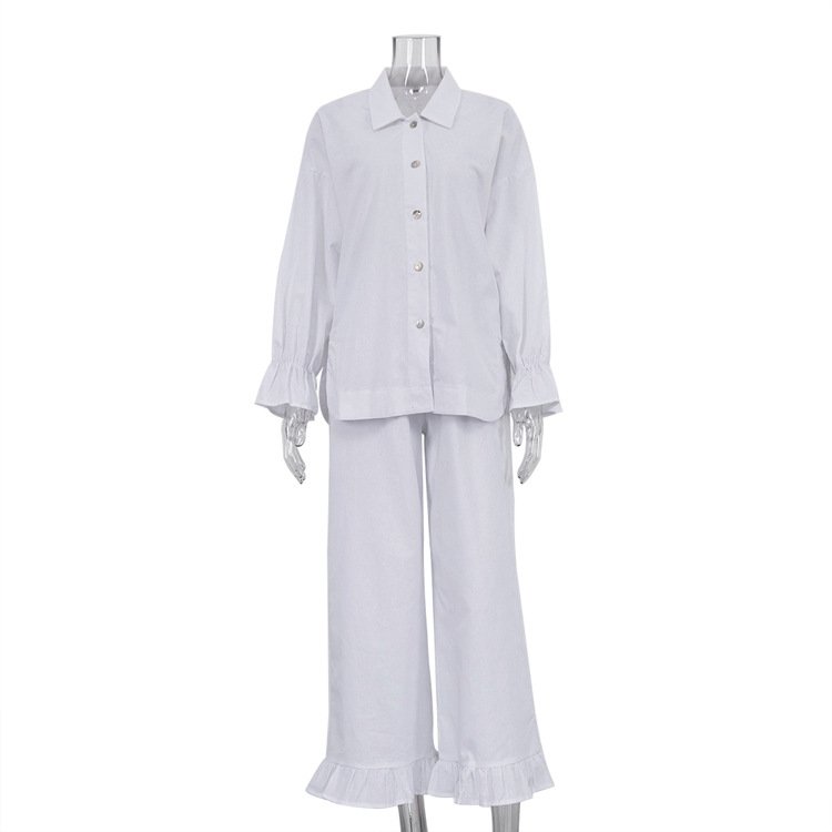 Boutique Wholesale 2024 Autumn New French Flare Sleeve Shirt Long Pants All Cotton Casual Women's Set