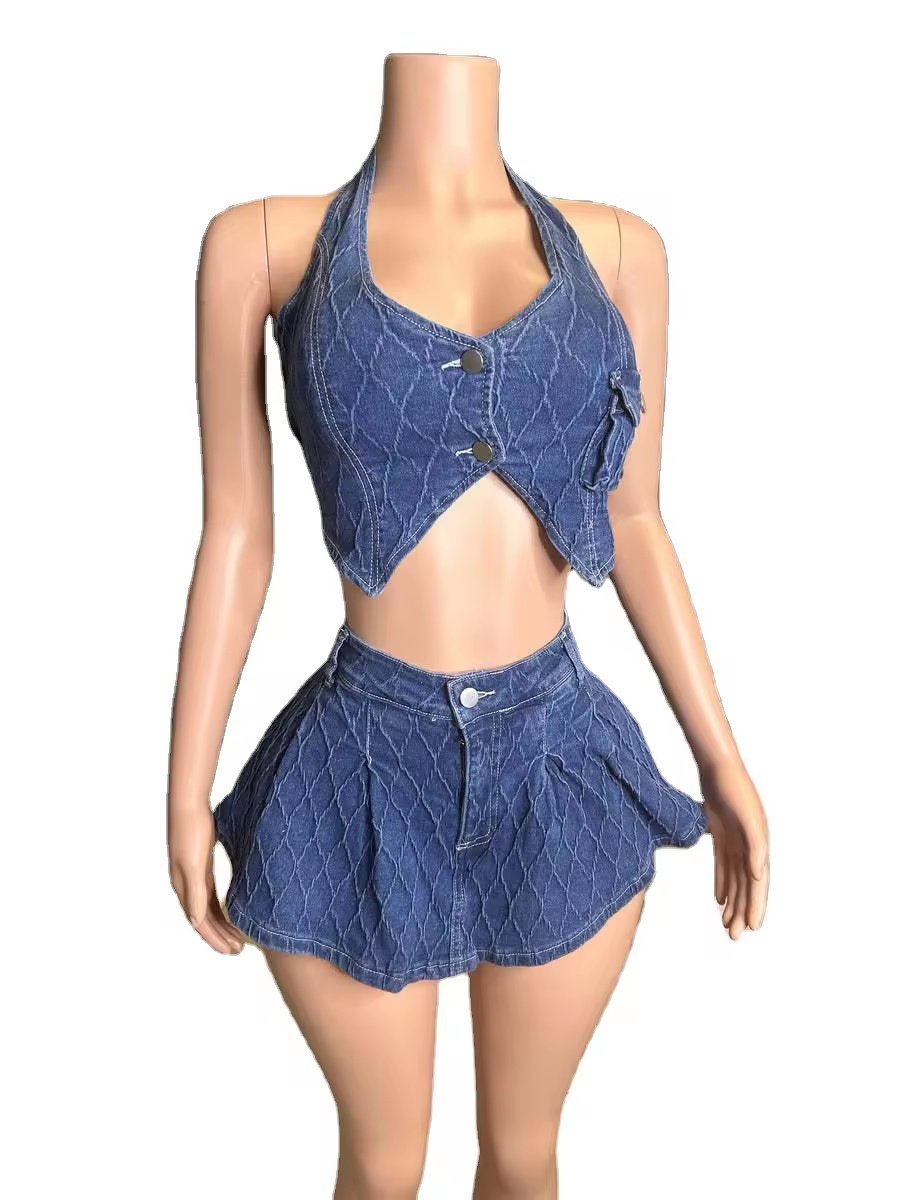 Trendy Women's Denim Outfits Stretch Backless Crop Top Shorts 2 Piece Sets Ladies Y2K Two Piece Denim Shorts Jeans Sets Women