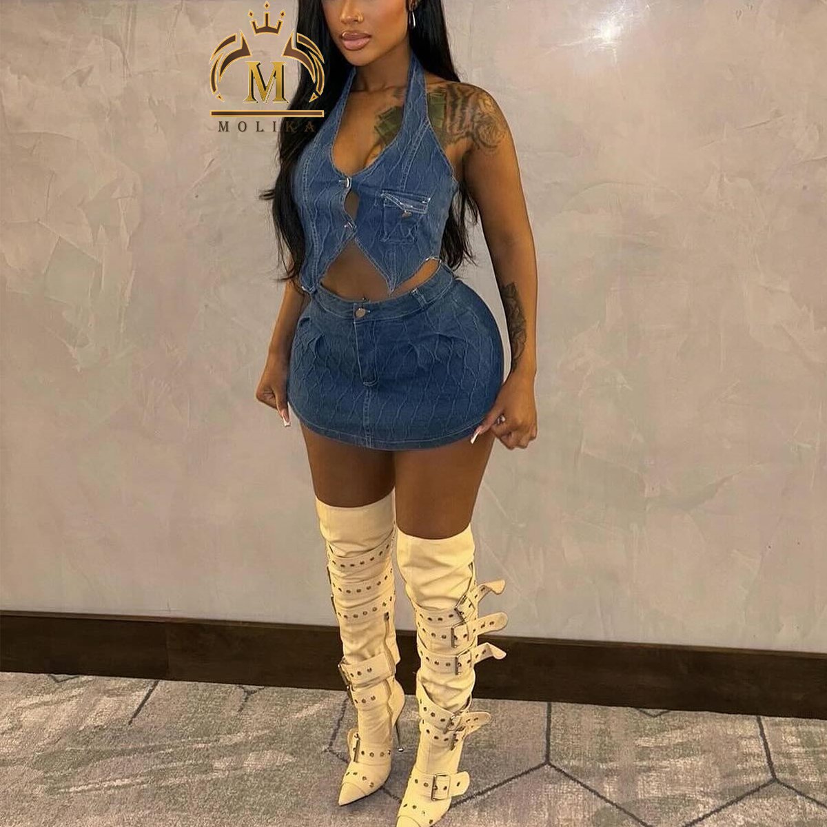 Trendy Women's Denim Outfits Stretch Backless Crop Top Shorts 2 Piece Sets Ladies Y2K Two Piece Denim Shorts Jeans Sets Women
