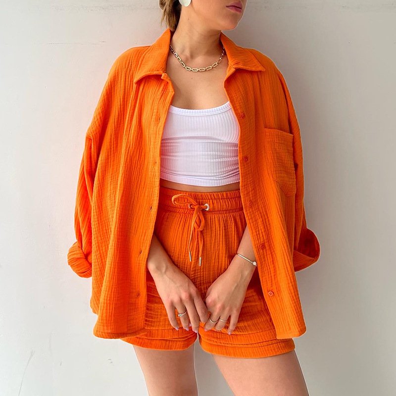 dropshipping products spring fall new women's clothes women ruffled lapels long sleeve shirt shorts casual two piece ladies sets