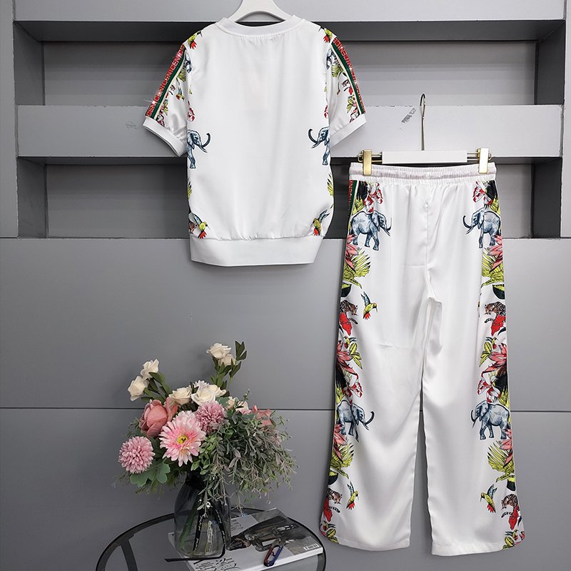 Summer 2024 Women'S 2 Pieces Sets Short Sleeve Printed Rhinestone Tops Tshirts Pants Sets Silk two-piece suit