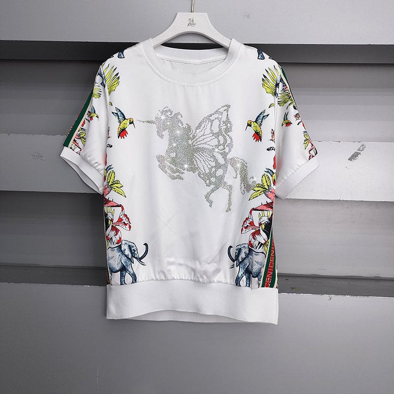 Summer 2024 Women'S 2 Pieces Sets Short Sleeve Printed Rhinestone Tops Tshirts Pants Sets Silk two-piece suit
