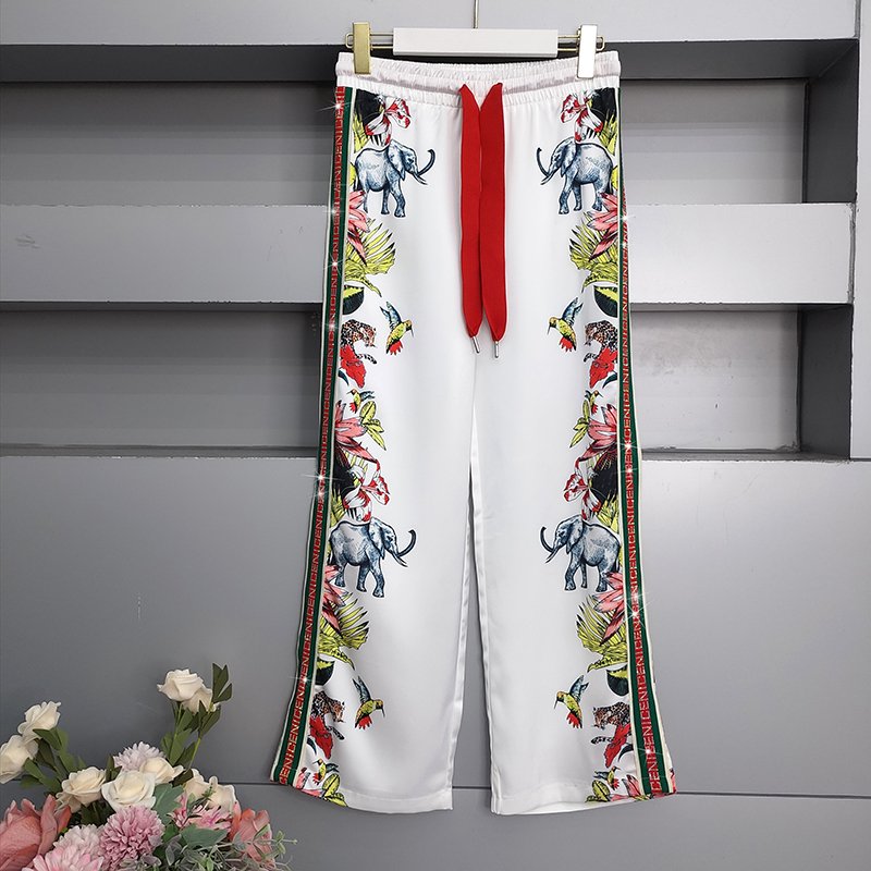 Summer 2024 Women'S 2 Pieces Sets Short Sleeve Printed Rhinestone Tops Tshirts Pants Sets Silk two-piece suit