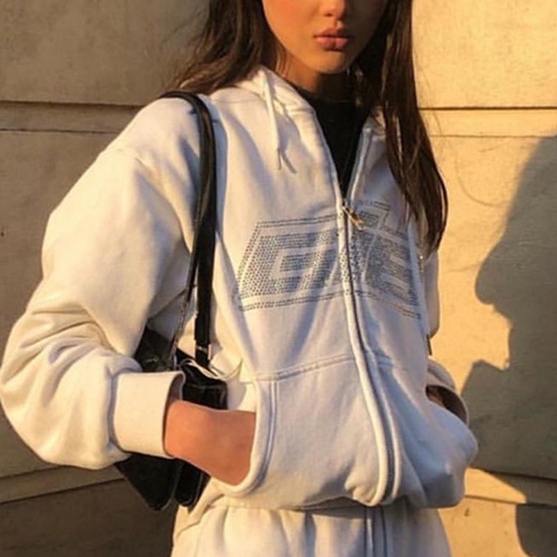 Custom Logo Hoodie 100% Cotton French Terry Plain Pullover Full Zip Up Women's Rhinestone Hoodies