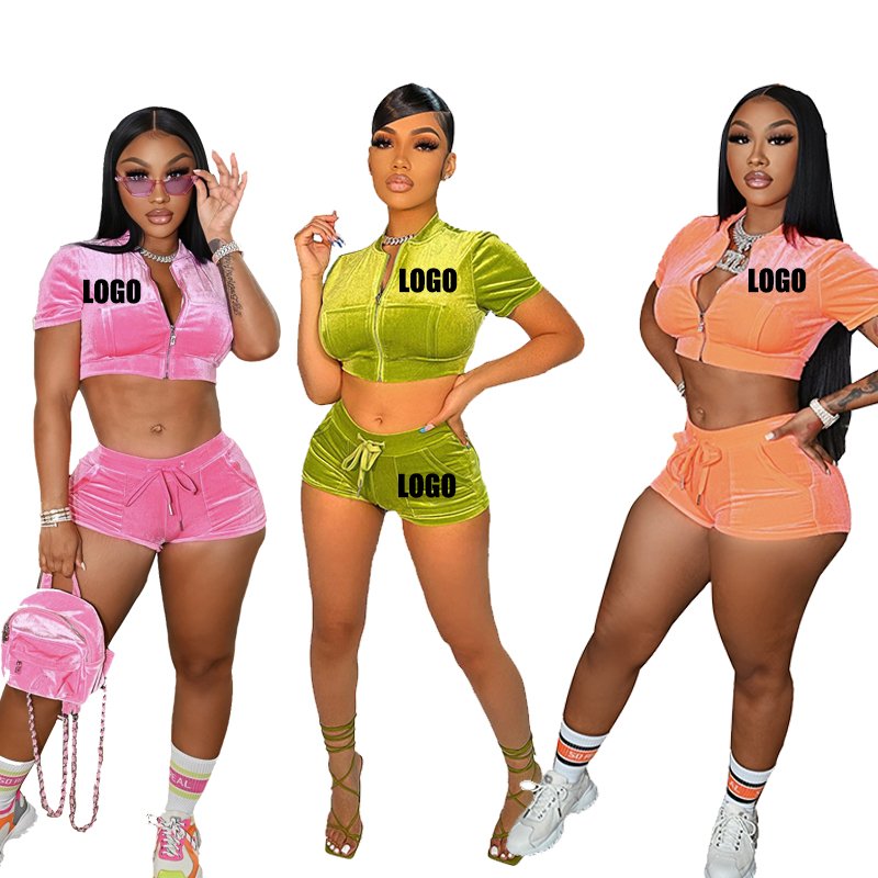 Custom 2024 Custom Tracksuit Short Sleeve With Zip Jacket Shorts 2 Piece Set Velvet Fabric Summer Outfit Women'S Two Piece Set
