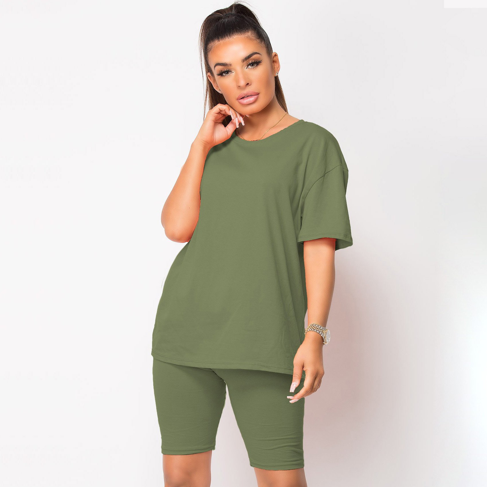 Women Summer Sportswear Short Sleeve Oversized T Shirt Biker Shorts Set Two Piece Shorts Sets Women Running Set