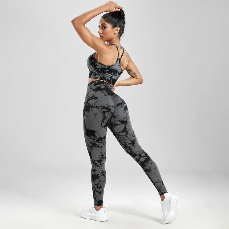Women's Plus Size Suits Breathable Sports Bra High Waist Workout Seamless Tie Dye Fitness 2 Piece Leggings Yoga Set