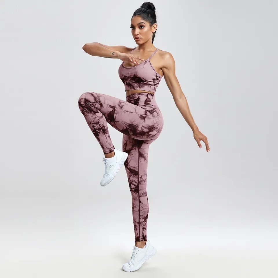 Women's Plus Size Suits Breathable Sports Bra High Waist Workout Seamless Tie Dye Fitness 2 Piece Leggings Yoga Set