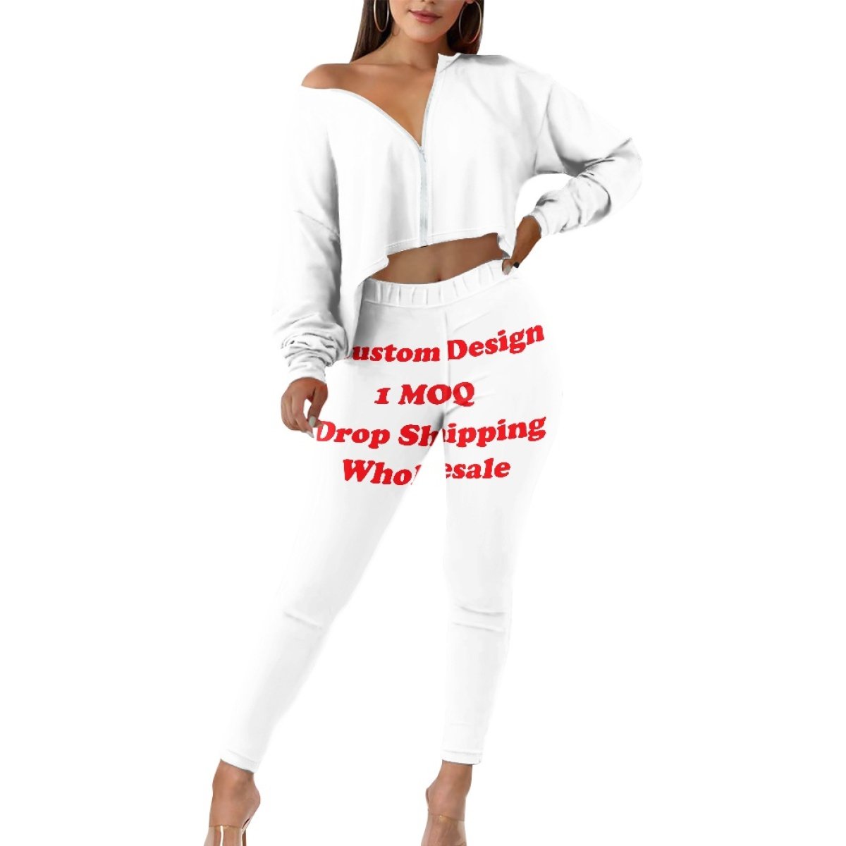 Clothing Fall 2023 Plus Size Women's Clothingcaizados Two-piece Suit Zipper Sportswear Print On Demand Long Sleeve Crop